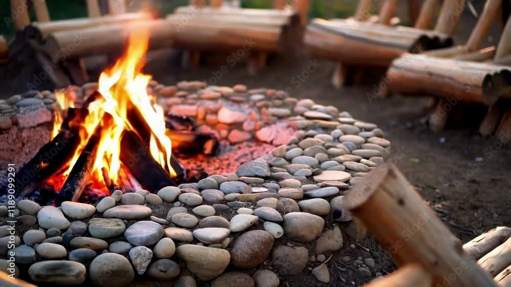 Aufkleber warm flames rise from a circular fire pit constructed with stones and surrounded by wooden benches, 