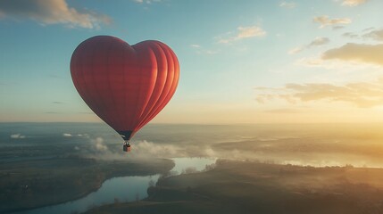 Fototapeta premium Heart-shaped hot air balloon soaring above a misty landscape at sunrise.