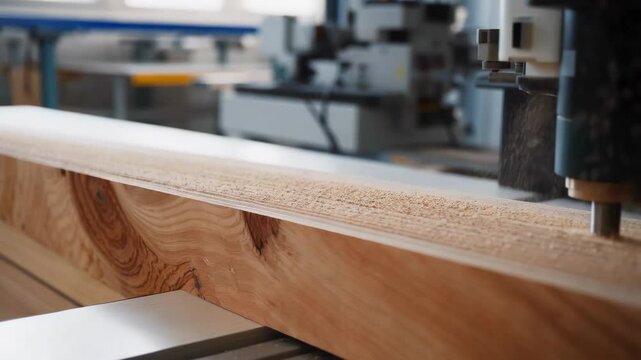 Automated machinery precisely shaping cross laminated timber panel edges with sawdust particles suspended during advanced woodworking process in modern industrial setting