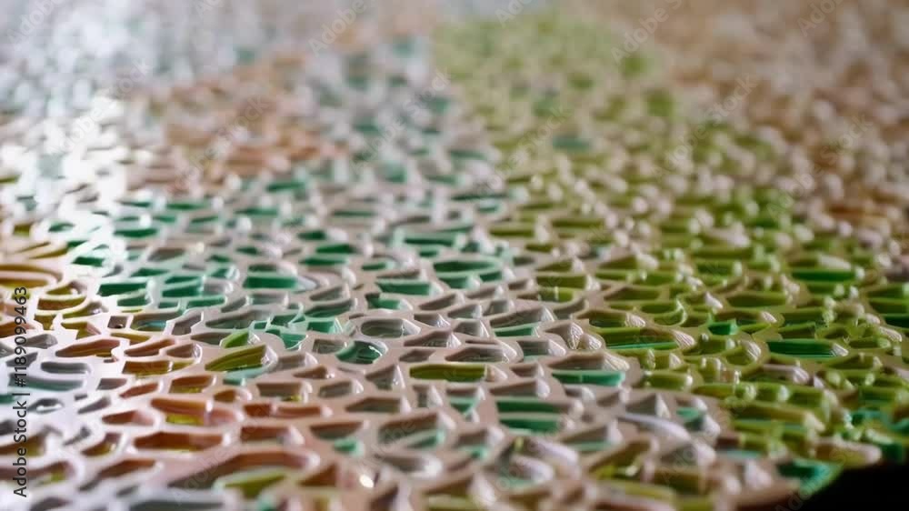 Poster Light reflects off the textured surface of a dense composite panel made from recycled plastic, showcasing intricate patterns and a gradient of colors from green to orange