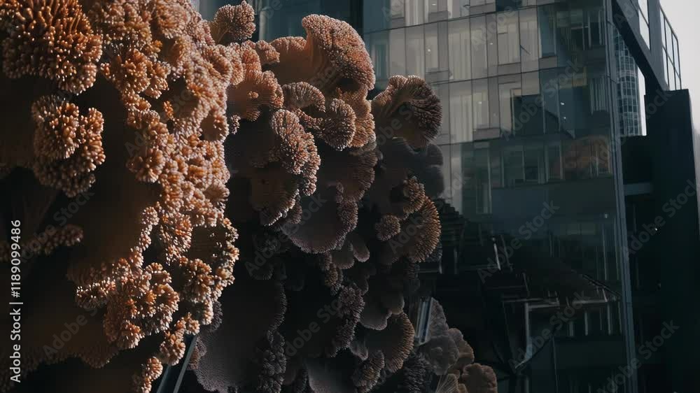 Poster Intricate coral like structure with protruding elements creates a captivating facade, its organic form contrasting with the sleek lines of a modern glass building in the background