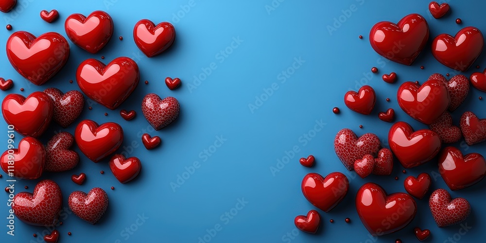 Poster red hearts scattered on a blue background creating a vibrant abstract pattern for design purposes va