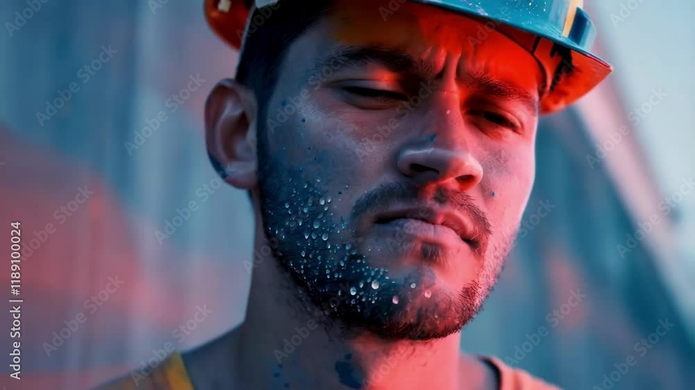 Poster portrait of a focused construction painter with sweat dripping from his face, illuminated by red and