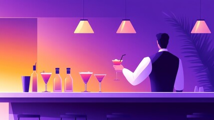 A bartender stands at a stylish bar, holding a cocktail against a vibrant sunset backdrop.