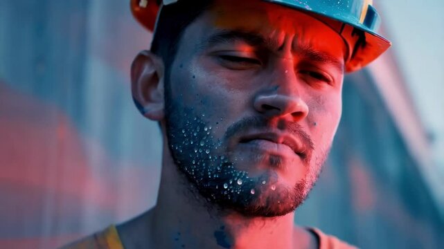 Portrait of a focused construction painter with sweat dripping from his face, illuminated by red and blue lights, highlighting the challenging working environment