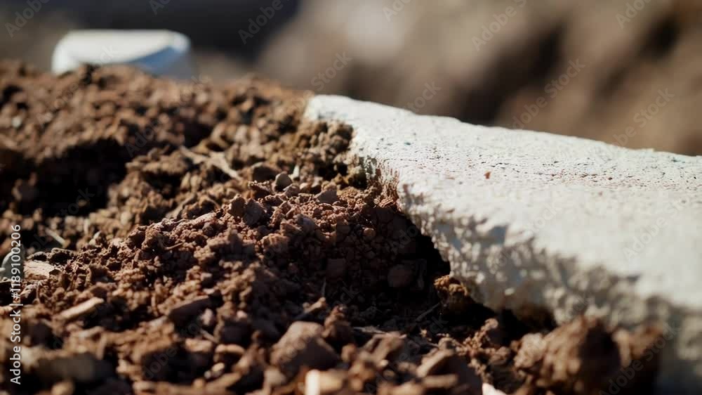 Aufkleber Close up view of a soil sample reveals recycled materials incorporated into the construction site's foundation, showcasing sustainable building practices and resource reuse