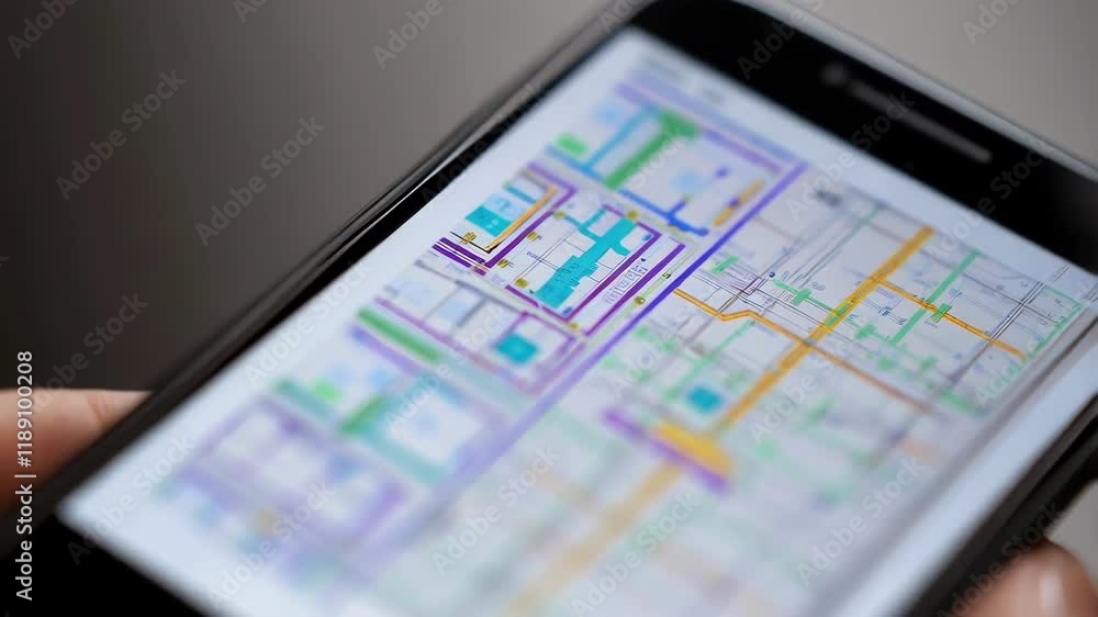 Poster architect reviewing construction blueprints on smartphone, carefully examining intricate design deta