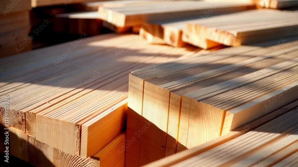 Poster cross laminated timber panels stacked at a construction site, bathed in sunlight that casts dramatic