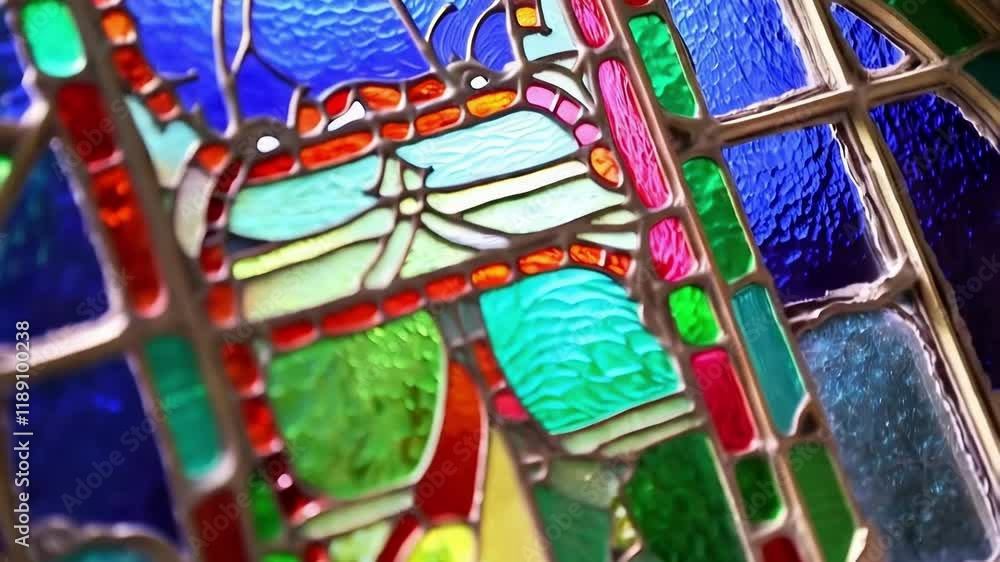 Poster colorful stained glass window panel rotating, showcasing intricate lead came work and vibrant hues, 