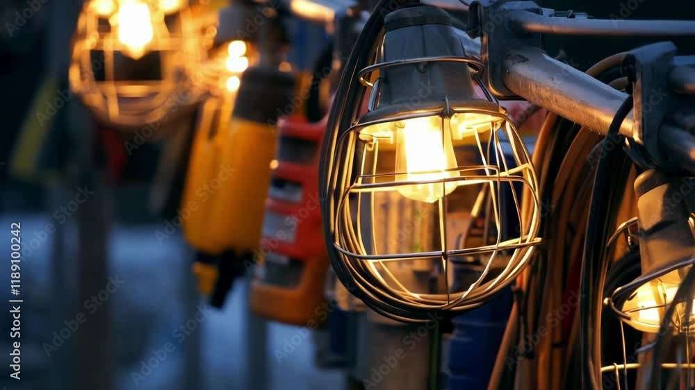 Aufkleber warm light emanates from a string of caged construction lamps, casting a soft glow against the backd