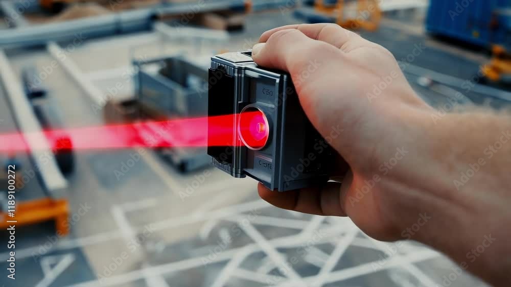 Poster construction surveyor using high precision laser level, projecting red beam across construction site