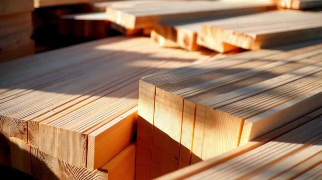 Cross laminated timber panels stacked at a construction site, bathed in sunlight that casts dramatic shadows, highlighting the texture and precision of the engineered wood