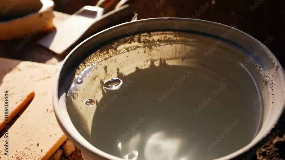 Aufkleber Sunlight reflects on the surface of clean water inside a bucket placed beside workspace with construction materials, creating mesmerizing patterns