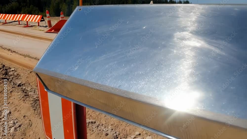 Poster sunlight reflects on the shiny surface of a blank rectangular road sign being installed on a pole ne