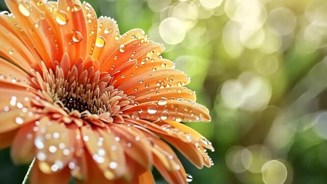 Close-up of an orange gerbera daisy covered in dew drops, symbolizing renewal and spring