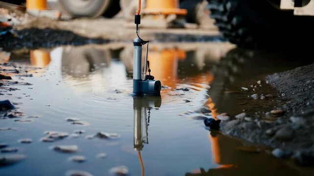 Water quality analysis is conducted on a construction site using a specialized sampling device submerged in a puddle, reflecting an orange vehicle in the background