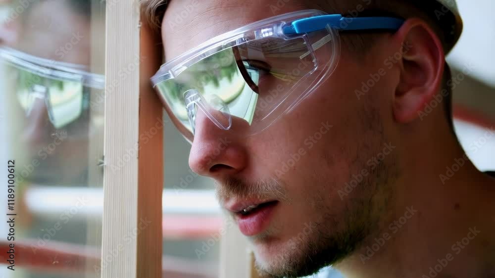 Poster young construction worker wearing safety glasses and hardhat carefully inspects a window frame, ensu