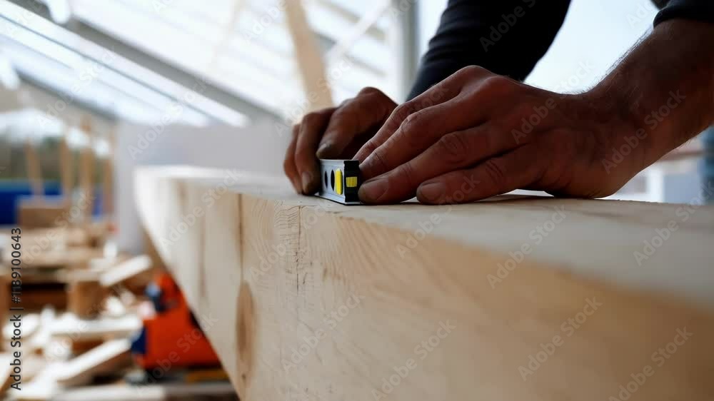 Aufkleber Skilled carpenter carefully checking wooden beam alignment using spirit level, ensuring precise structural stability during construction project at building site
