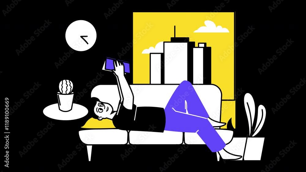 Poster a person of unspecified ethnicity relaxing on a couch, reading on a tablet with a cityscape backgrou