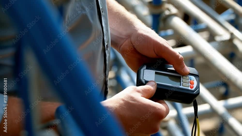 Aufkleber Professional construction worker measuring precise distances using digital laser rangefinder while standing at active building site, ensuring accurate measurements for engineering project