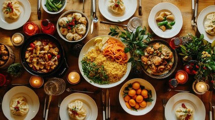A stunning display of traditional Chinese New Year dishes on a dinner table, where family and friends come together to enjoy the food