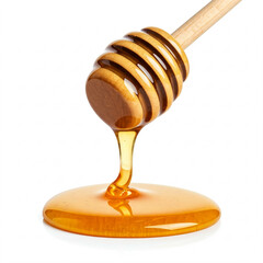 dripping honey from a wooden honey dipper isolated on white background