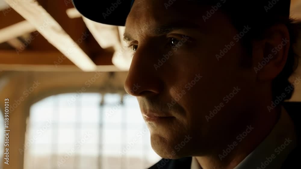 Poster construction inspector wearing a cap and jacket carefully examines building structure, demonstrating