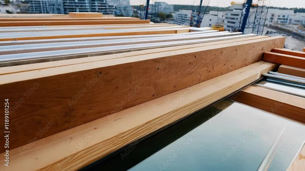Poster construction workers installing large wooden beams and glass panels on building roof, using precise 