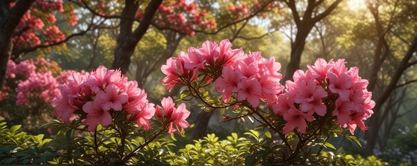Azalea flowers start to bloom in the warm sunlight filtering through trees, filtered light, camellia, floral