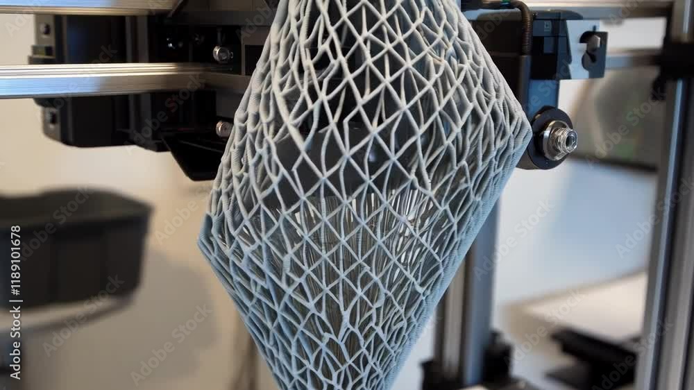 Poster Advanced 3d printing technology fabricating intricate, mesh like structural design, demonstrating precision engineering and innovative digital manufacturing capabilities