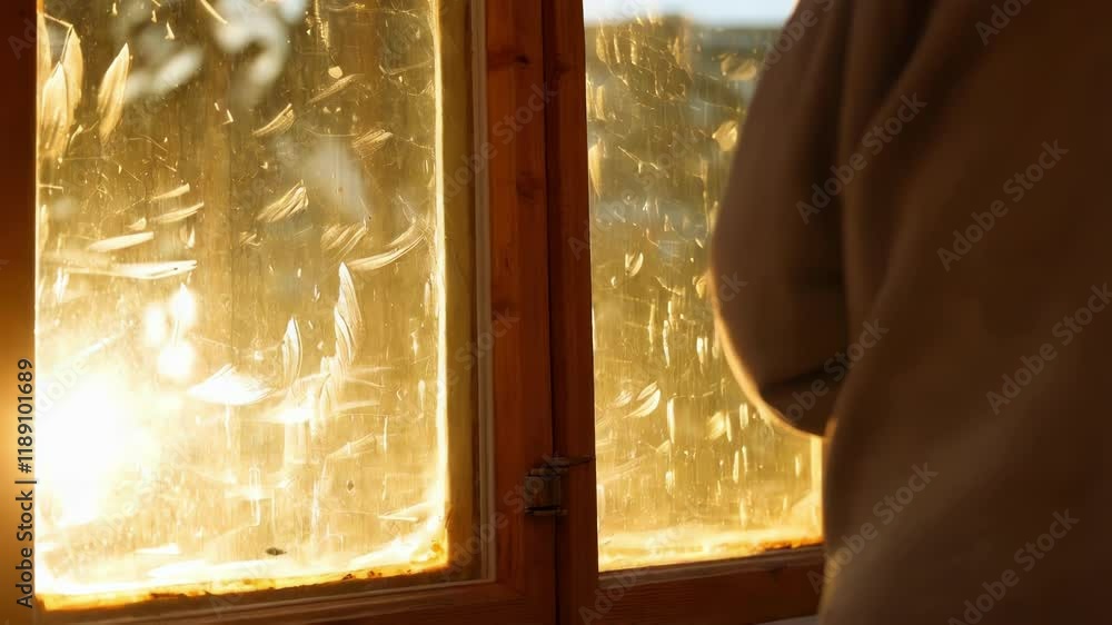 Poster golden hour sunlight illuminates smudges and imperfections on newly installed windows, reflecting th