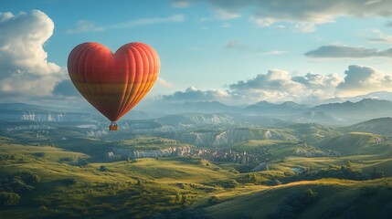 Fototapeta premium Heart-shaped hot air balloon soaring over scenic valley at sunset.