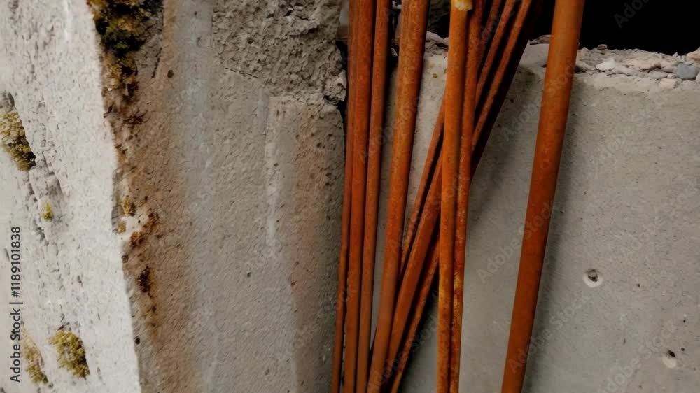 Poster rusted rebar embedded in concrete wall, highlighting industrial material contrast and structural dec