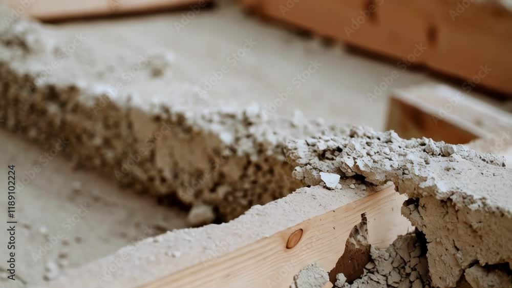 Poster close up details showcase the removal of dried concrete from wooden formwork, revealing the texture 