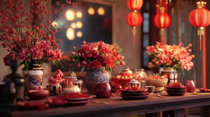 created Chinese New Year banquet table, adorned with intricate floral centerpieces, red lanterns, and traditional decorations, setting the stage for a joyful and prosperous feast.