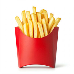 close up of red french fries box with crispy golden french fries isolated on white background