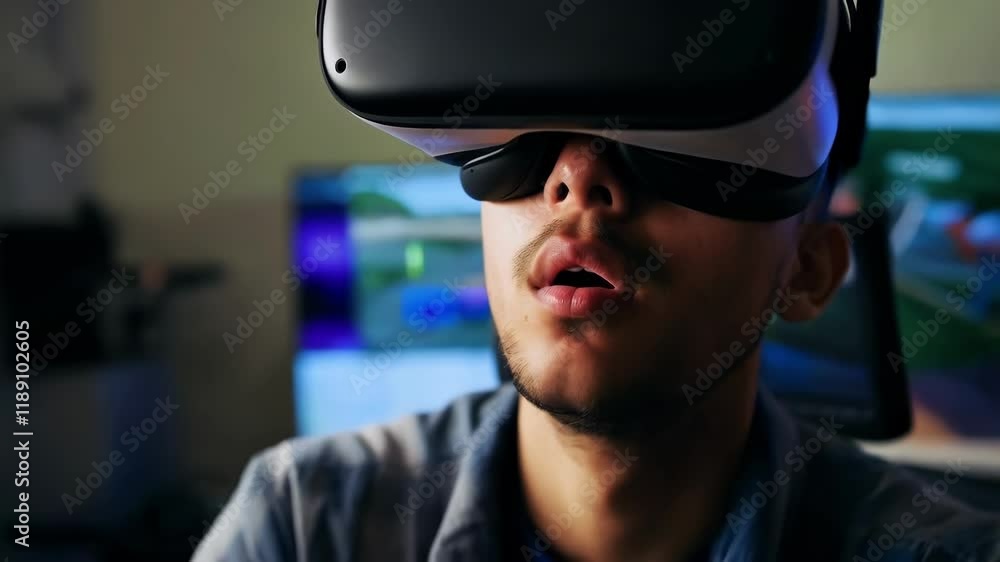 Poster young construction worker wearing a vr headset experiences a training simulation, his eyes wide with