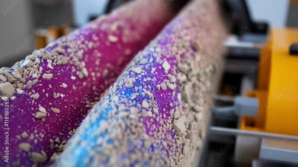 Poster concrete mixture cascading into specialized 3d printer nozzle, revealing advanced construction techn
