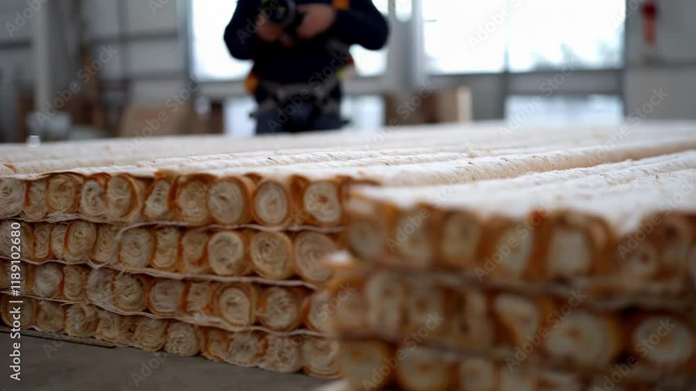 Poster Warehouse worker inspecting large quantity of neatly stacked rolled insulation batts, ensuring quality and preparedness for construction project