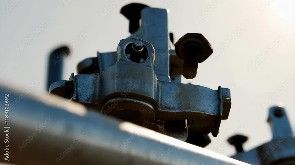 Poster metal scaffolding clamps and safety features are shown in detail, emphasizing their role in construc
