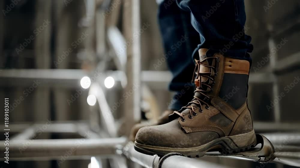 Poster skilled construction worker wearing sturdy brown work boots navigating narrow metal scaffolding pipe