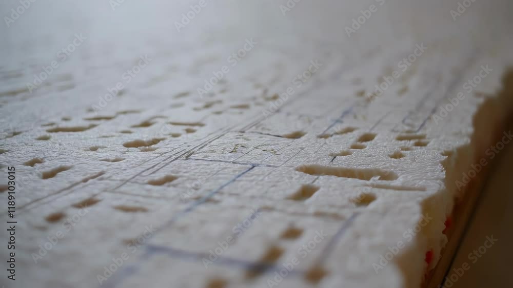 Poster precise placement markings guiding construction work across white insulation panel, highlighting arc