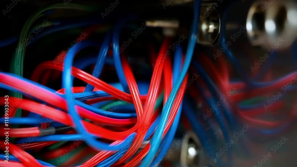 Poster colorful electrical wires densely tangling inside junction box, revealing intricate network of inter