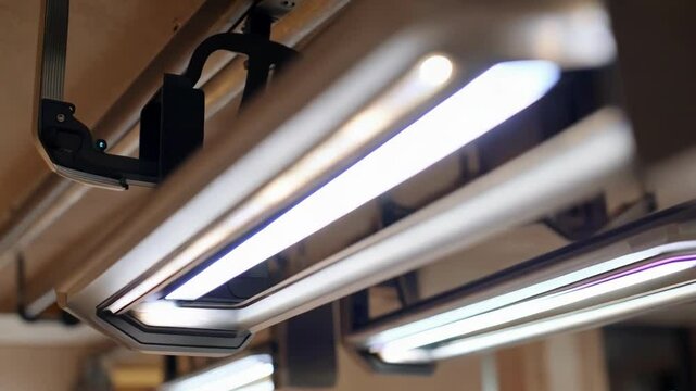 Closeup view of innovative led lighting fixtures being installed on a ceiling, emphasizing modern interior design and energy efficient illumination solutions for commercial spaces