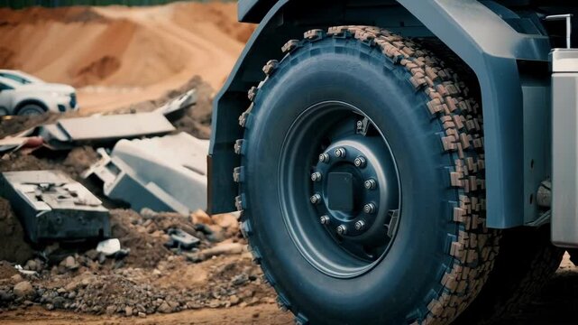 Rugged tire treads on a self driving truck wheel are visible, parked on a construction site with piles of dirt and construction debris in the background