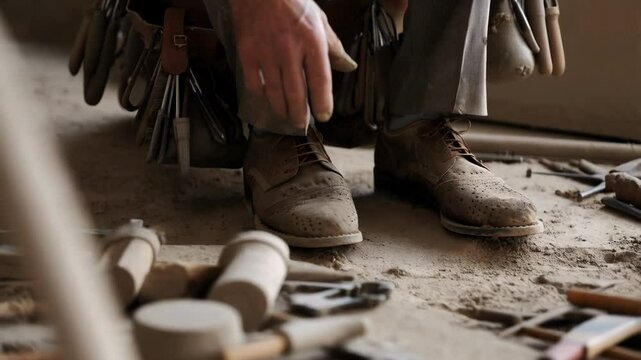 Construction worker carefully brushing dust from suede work shoes while standing amid scattered tools on gritty jobsite floor after completing day's labor