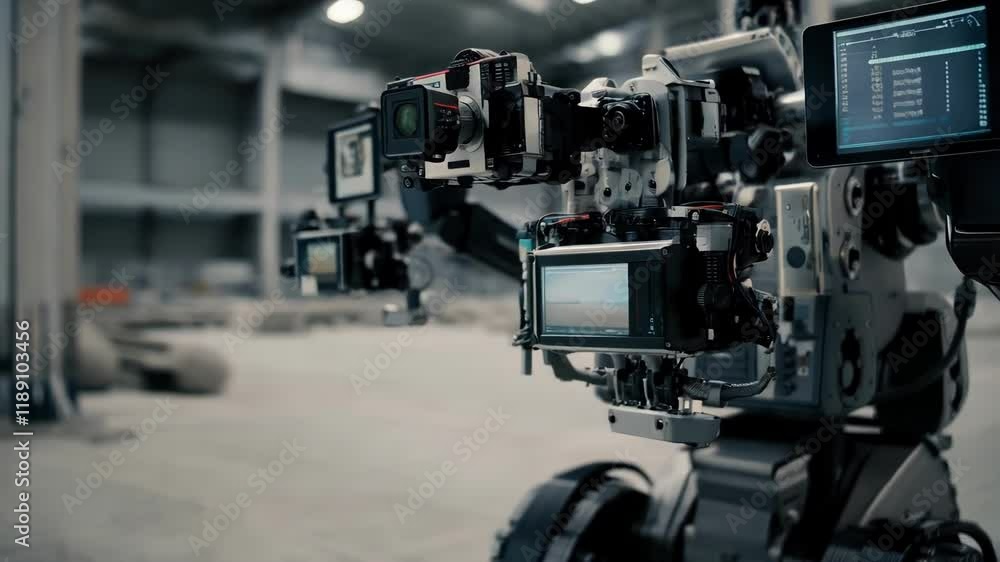 Aufkleber Autonomous construction robot with multiple sensors and cameras monitoring site operations, analyzing real time data on digital display for improved efficiency and safety