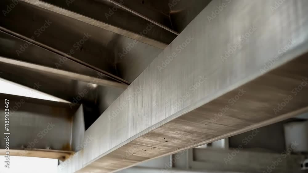 Poster sunlight illuminates the complex geometric patterns formed by steel beams and concrete supports of a