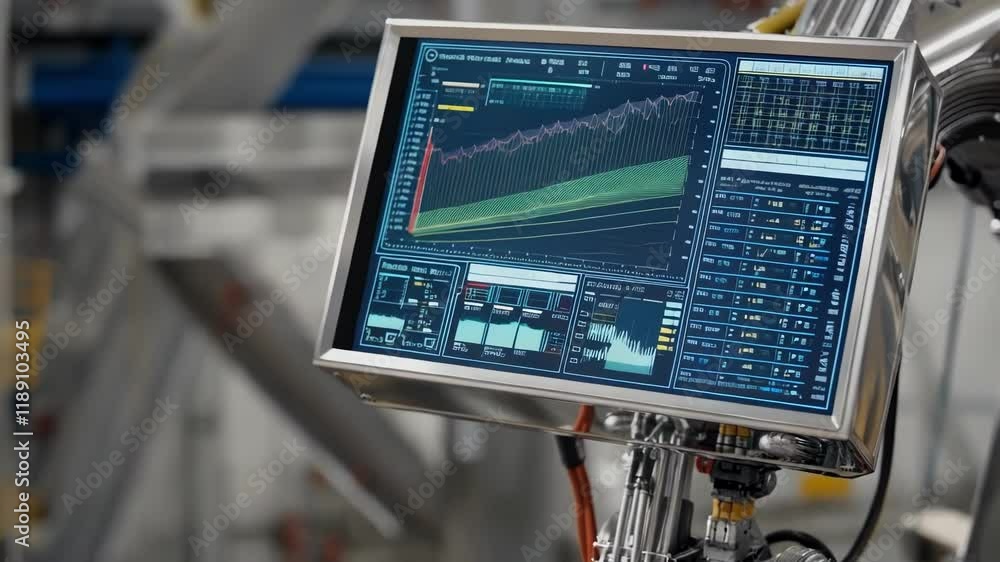 Aufkleber Futuristic construction robot arm equipped with a digital display screen, showing real time data, graphs, and measurements during a live inspection in a modern industrial setting
