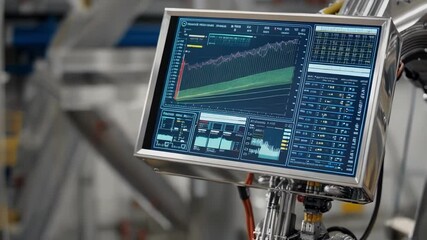Futuristic construction robot arm equipped with a digital display screen, showing real time data, graphs, and measurements during a live inspection in a modern industrial setting
